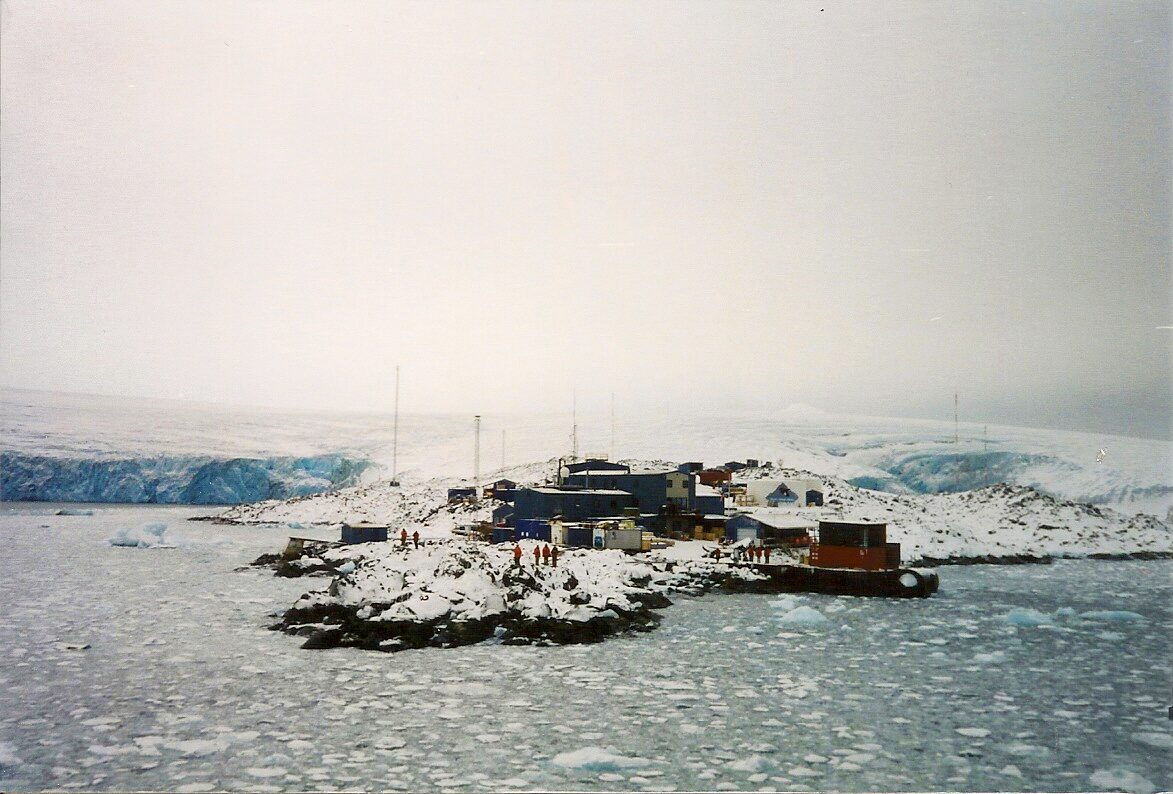 Palmer Station on its rocky point beneath the Marr Ice Piedmont