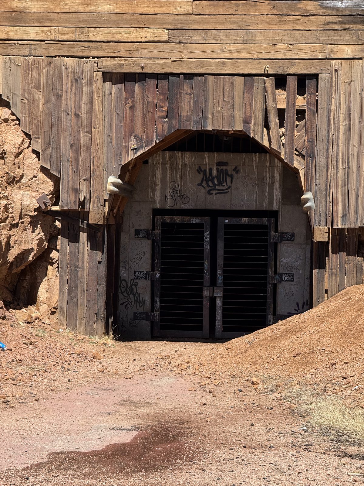 Timbered mine portal with gate